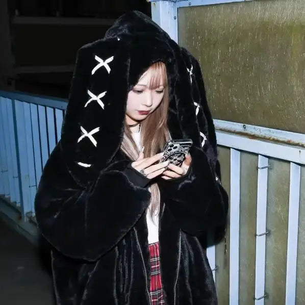2026 New Harajuku Rabbit Ears Plush Coat Winter New Japanese Plush Coat Women Dark Punk Medium Plush Coat