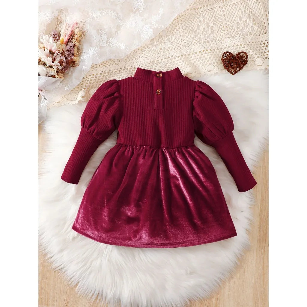 Princess Dress for 0-3Years Toddler Baby Girl Long Sleeve Bow Belt Red Velvet Soft Fabric Elegant Daily Wedding Party Clothing