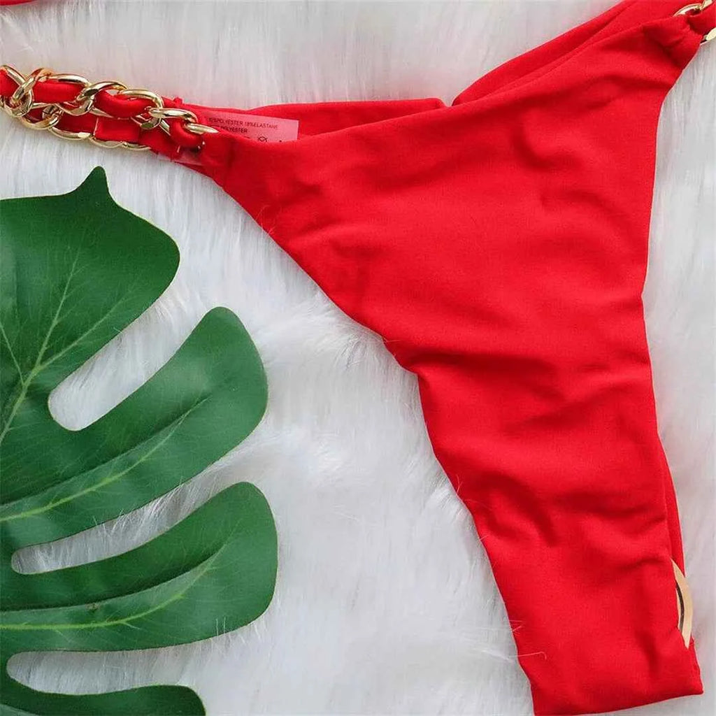 Metal Ring Halter Scrunch Butt Thong Bikini Women Swimwear Female Swimsuit Two-pieces Bikini set Bather Bathing Suit Swim V4391