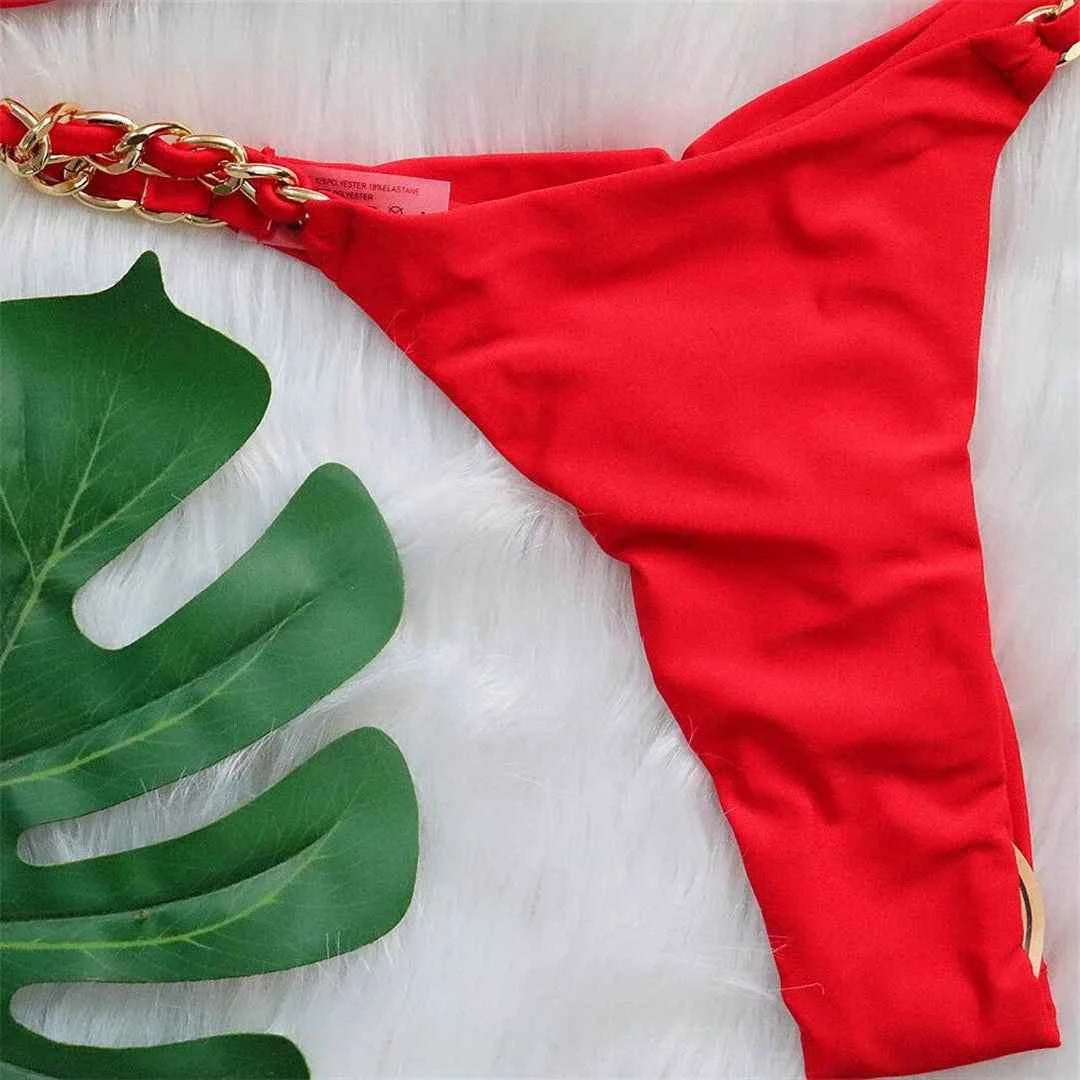 Metal Ring Halter Scrunch Butt Thong Bikini Women Swimwear Female Swimsuit Two-pieces Bikini set Bather Bathing Suit Swim V4391