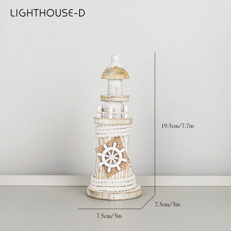 Mediterranean Style Home Decoration Figurines Desktop Ornaments Ocean Wooden Lighthouse Model Wood Ship Crafts Wall Decor Plaque