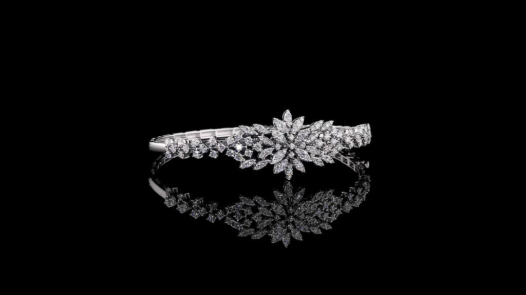 White 18K Gold Floral Bracelet with Brilliant Cut Lab Grown Diamonds Rhodium Plated Luxury Design Trendy Elegant Flower Style