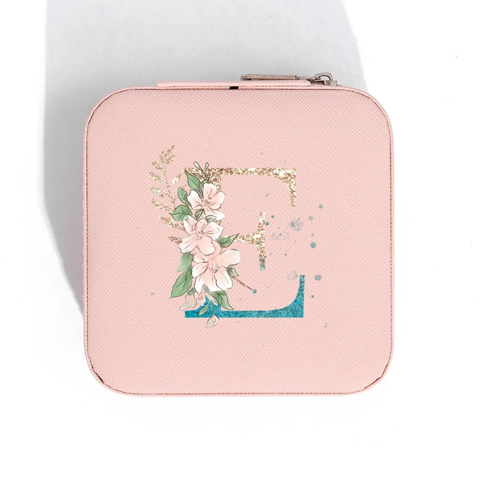 A-Z Alphabet Print Pink Travel Jewelry Organizer with Zipper Closure and Fabric Lining
