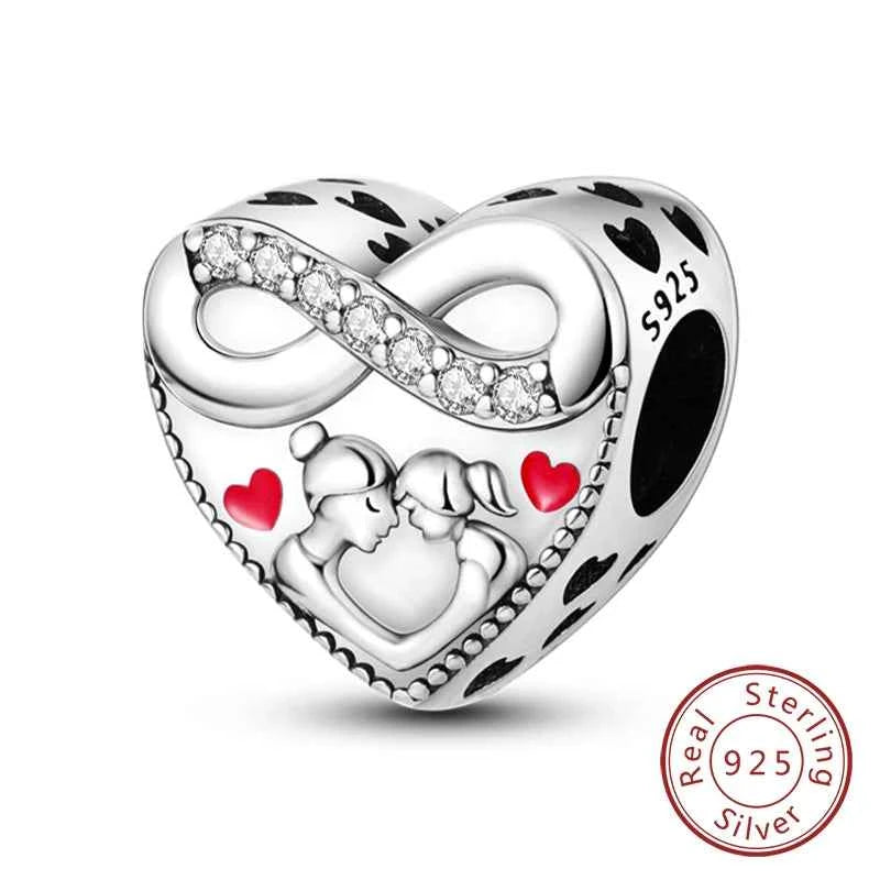 Original 925 Sterling Silver Charm Bead Mother's Day Love Heart Family Charm Bead Pendant Fits Bracelet Womens Jewelry Gifts