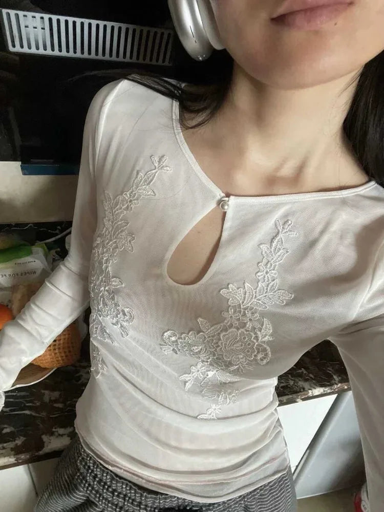 HOUZHOU Y2k Sexy White T-Shirts Women Coquette Mesh Embroidery Chinese Style Long Sleeve Tees Slim Hollow Out Solid Color Spring