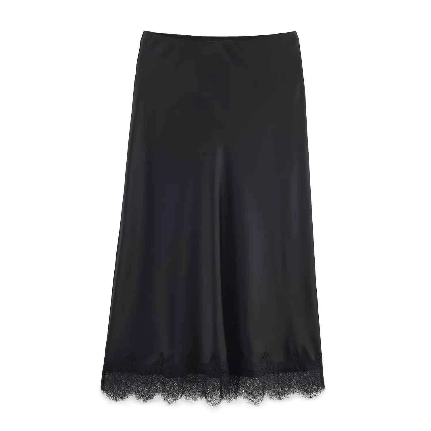 SAW Independent Station Sexy Lace Patchwork Satin Feel Mini Skirt Autumn Fashion Trendy Polyester Fiber Long A-Line Skirt