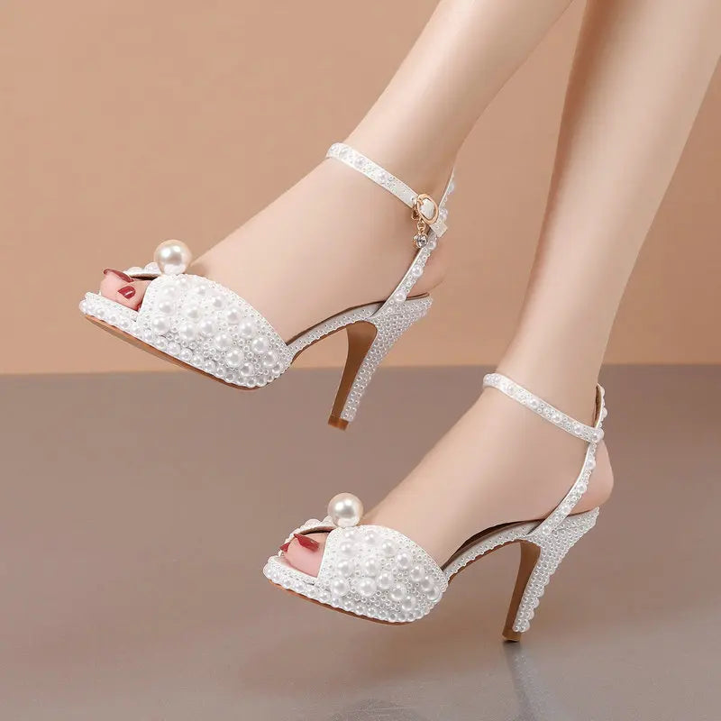 2025 Autumn New Fish Mouth High Heels Waterproof Platform Shallow Mouth 8.5cm Pearl Women'S Single Shoes Bride Wedding Shoes
