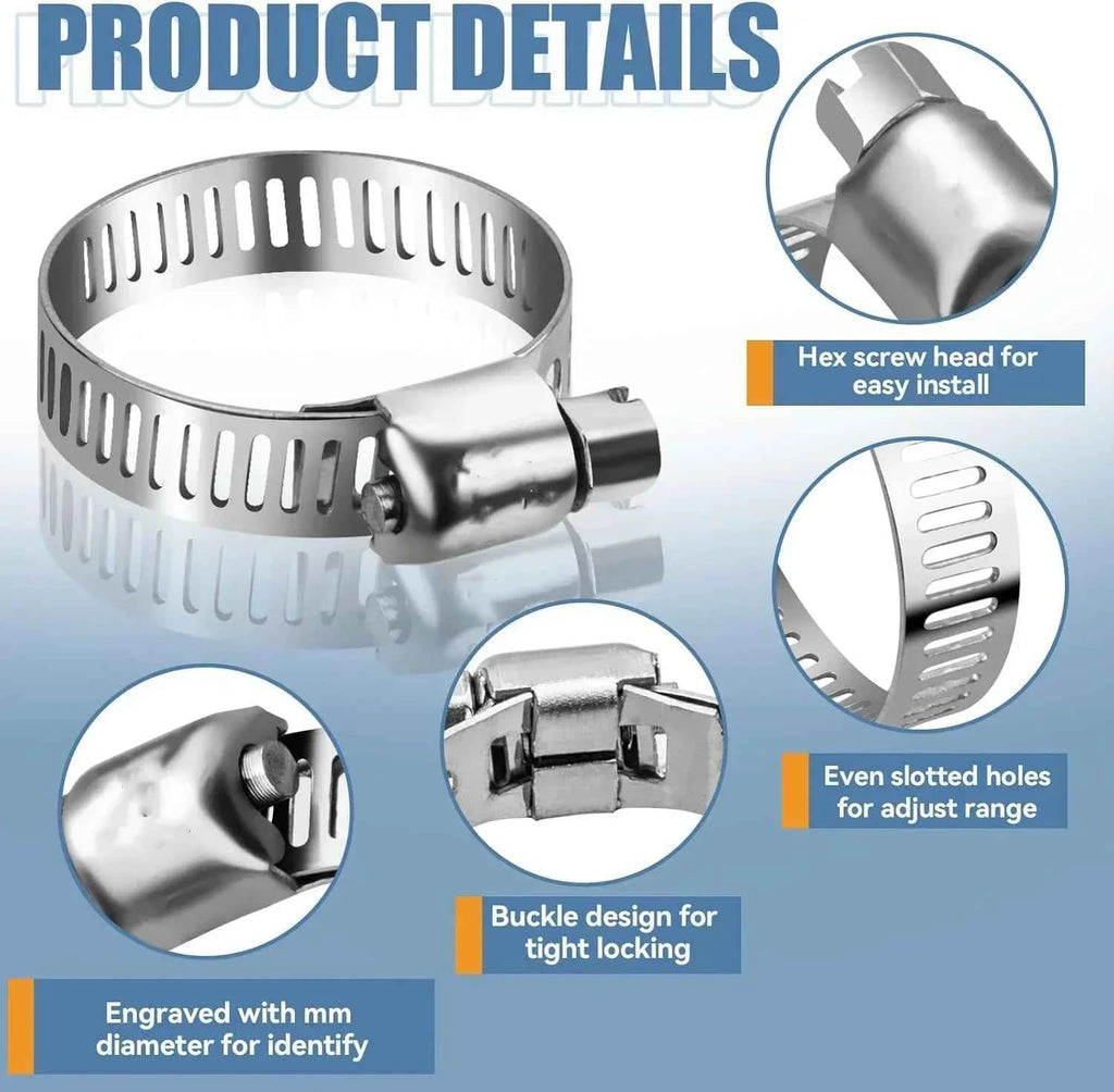 60pcs 8-38mm Adjustable Stainless Steel Screw Band Hose Clamps Car Fuel Hose Clamps Pipe Clamp Worm Gear Clip Hose Clamp