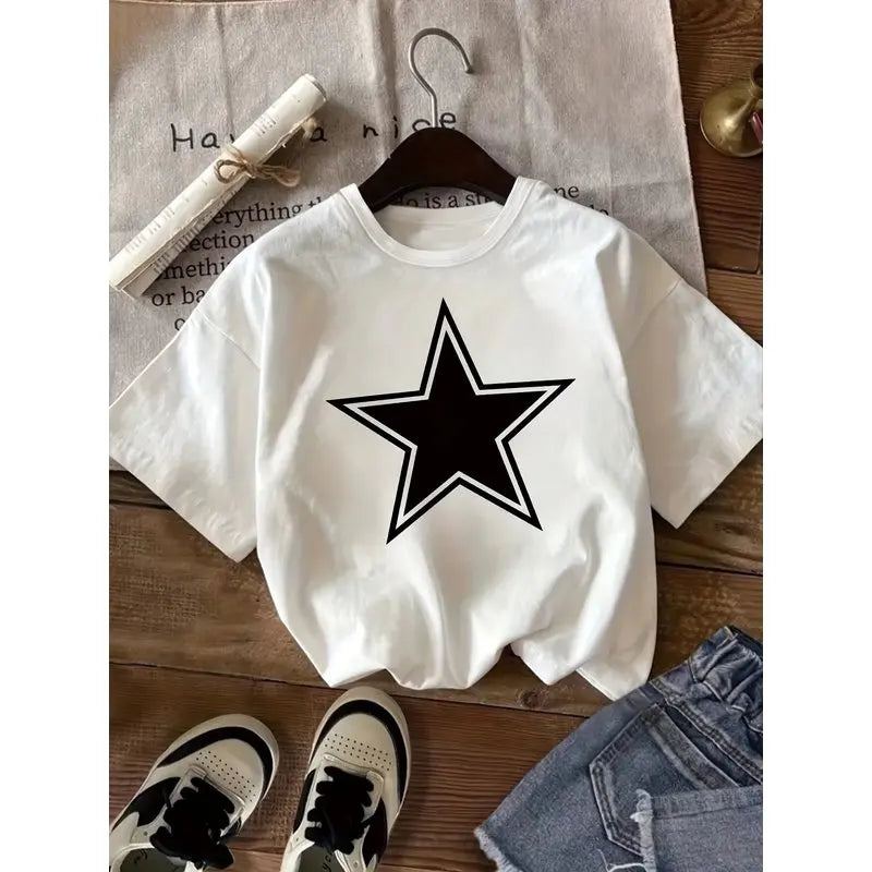 Kids Black Star Graphic T-Shirt, Soft Cotton, Minimalist Casual Wear for Boys & Girlstk0118