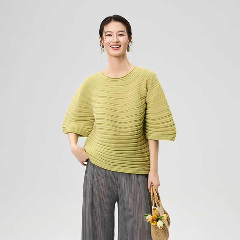 LANMREM Casual Pleated Texture Round Neck Half Sleeve Thick Wome's T-shirt Chic New Knitwear Fashion Pullover Top Chic 2DB5036
