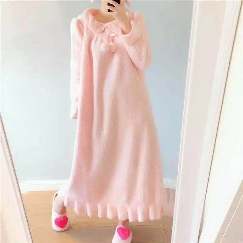 2025 Winter Long Sleeve Thick Warm Flannel Nightgowns for Women Korean Cute Coral Fleece Sleepwear Night Dress Nightdress Nighty