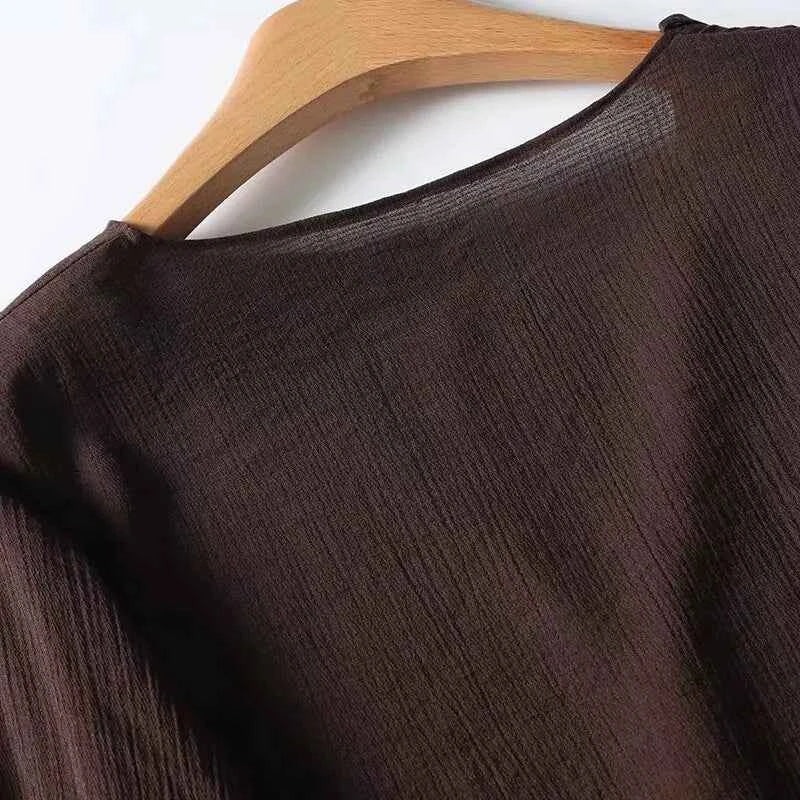 YENKYE Spring 2025 Women Brown Long Sleeve V Neck Ruffle Shirt Office Casual Blouse Blusas Mujer