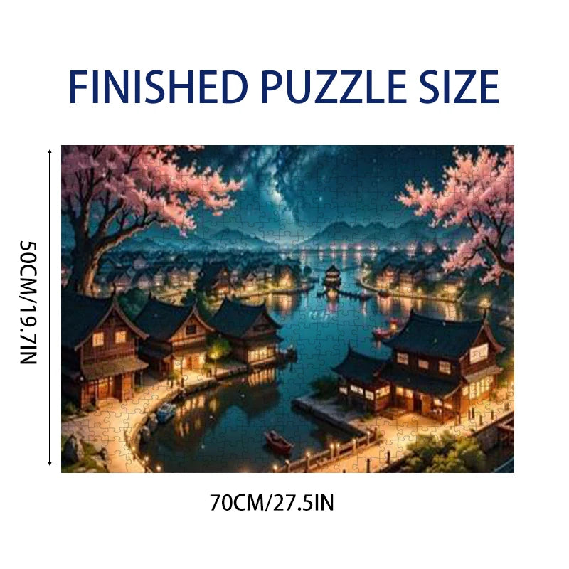 1000pcs Sakura Town Jigsaw Puzzle – 50x70cm, Durable DIY Art Deco Frameless Canvas, Perfect Birthday Gift, Artistic Decoration