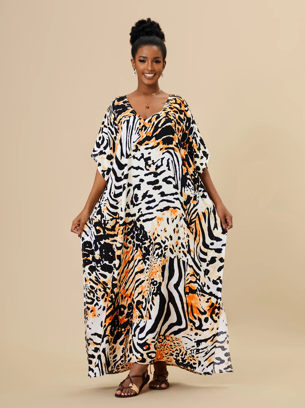 EDOLYNSA 2023 Bohemian Printed Loose Kaftan Casual Summer Vacation Maxi Dress Women Clothing Beach Wear Swim Suit Cover Up Q1469