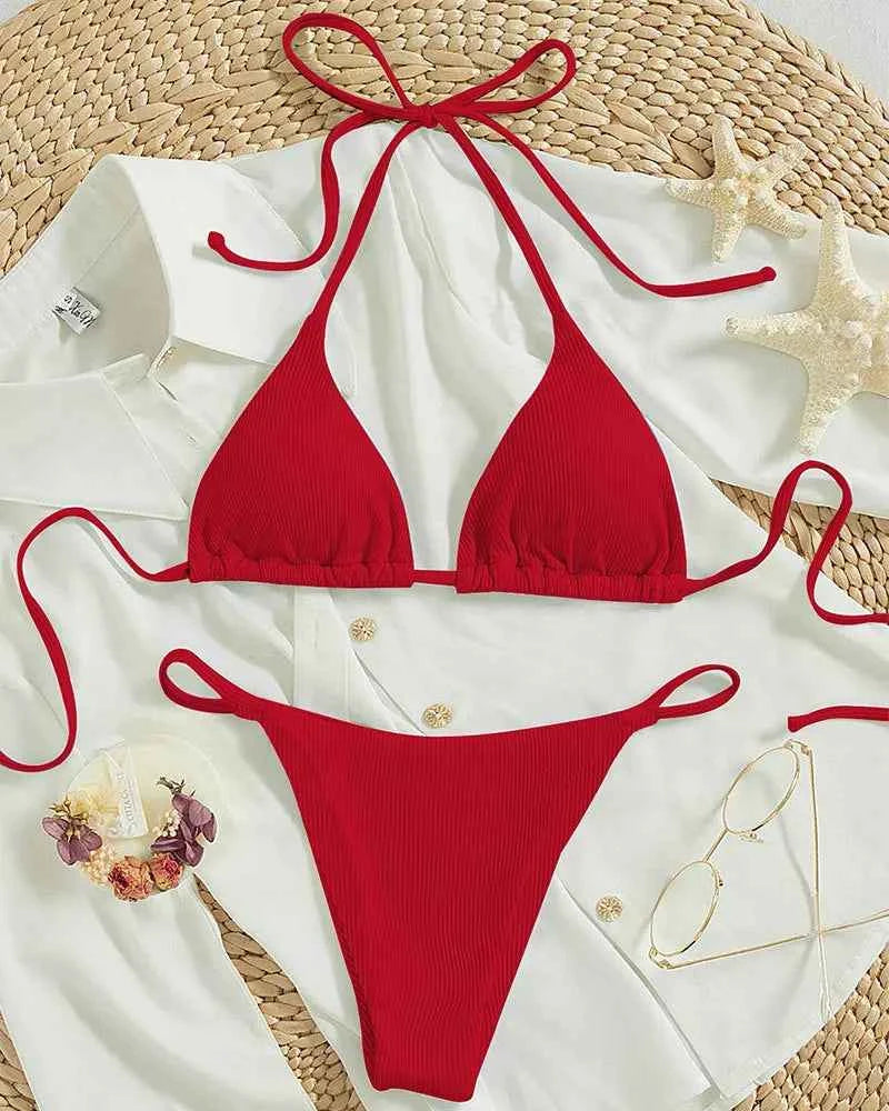 2025 Special Pit Stripe Fabric Bikini Set Women Sexy Simple Solid Halter Bikini Swimsuit High Waisted Lace Up Beach Bathing Suit