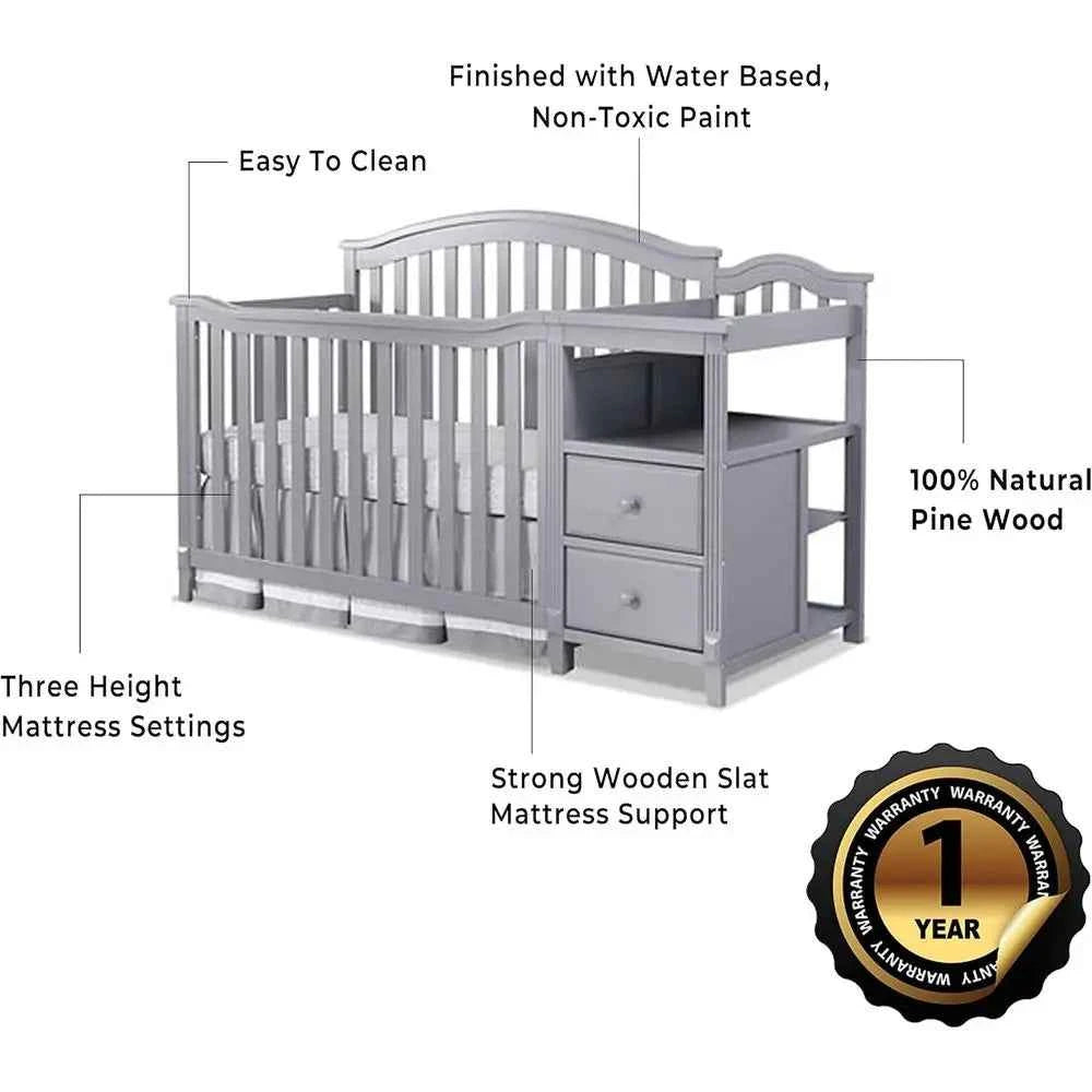 Convertible Crib with Slat Back, Diaper Changer, Wooden Toddler Bed, Gray Full-Size Nursery