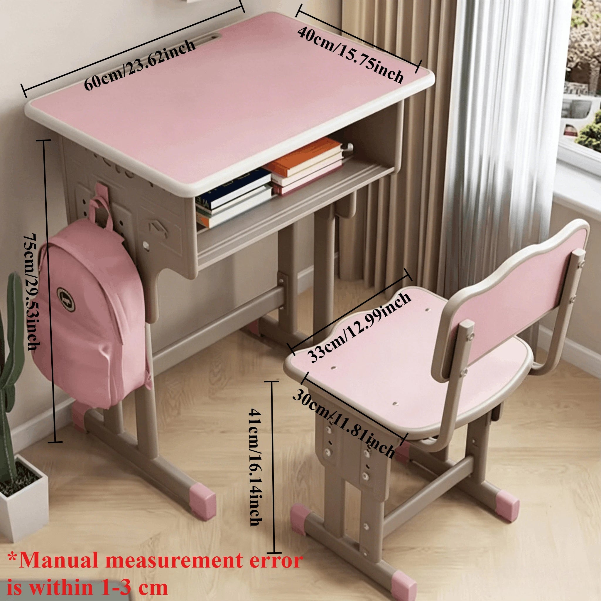 Kids Study Desk and Chair Set Height Adjustable Super Load-bearing Spacious Study Table Chair with School Bag Hook 45 X 70cm