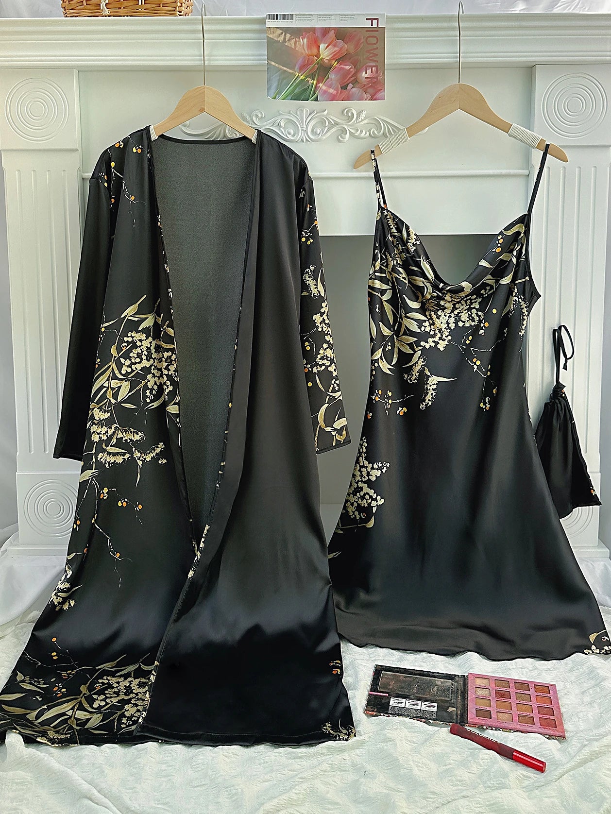 Floral Print Pajama Set Long Sleeve Robe With Belt   V Neck Slip Dress  Women's Sleepwear  Loungewear