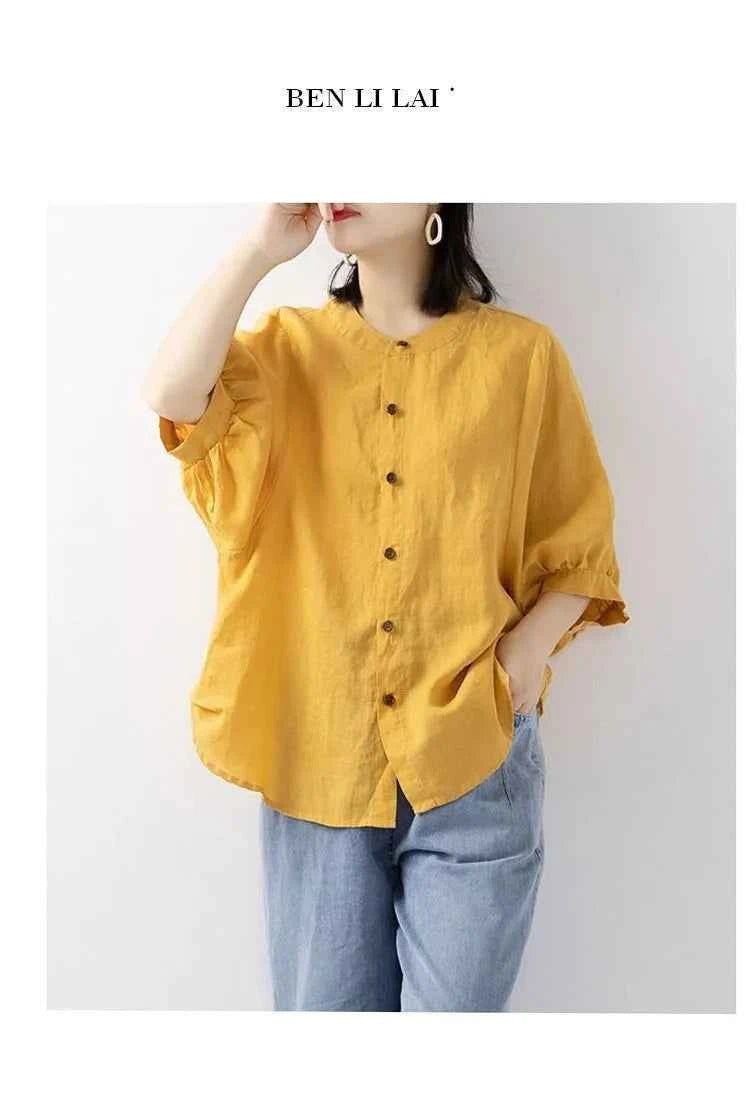 Cotton and linen shirt women's spring and summer thin solid color lantern sleeve stand collar top loose large size shirt