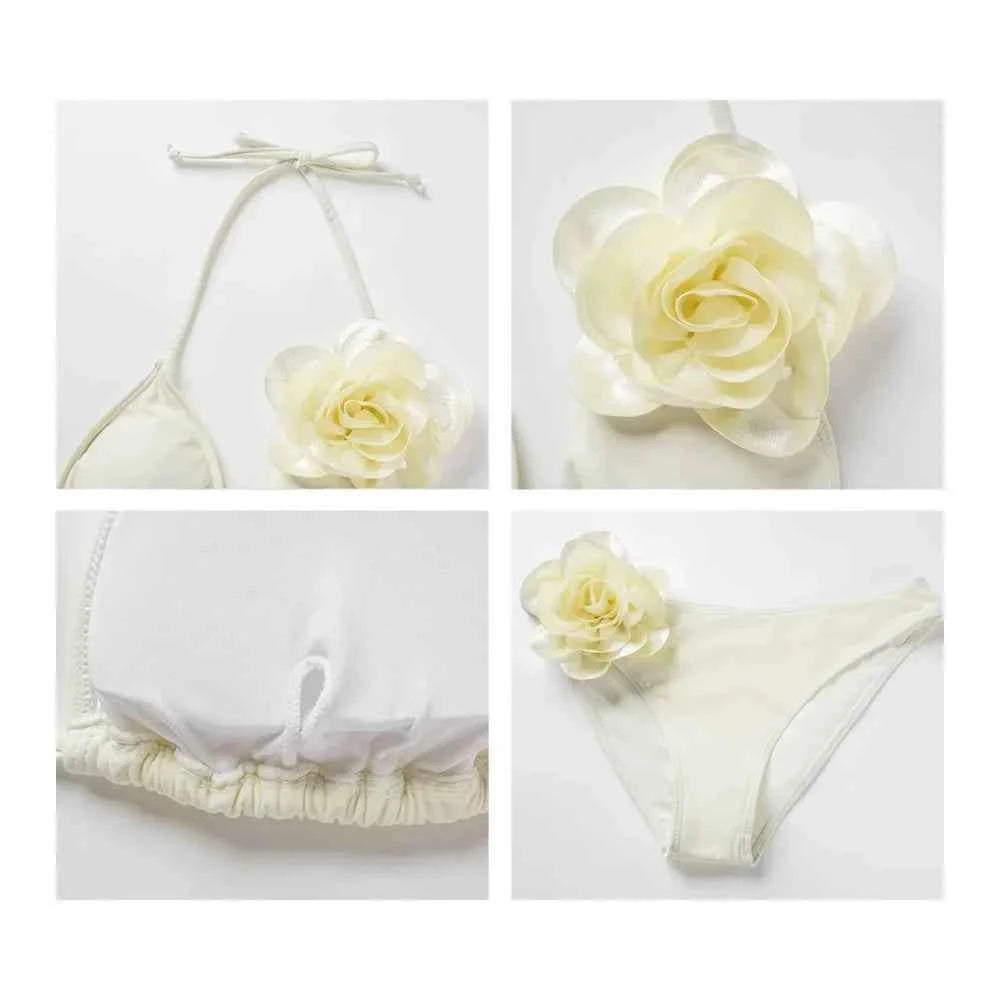 2026 New Sexy White 3D Flower Solid Two Piece Push Up Bikini Set Luxury Swimwear Women Swimsuit Beachwear Summer Bathing Suit