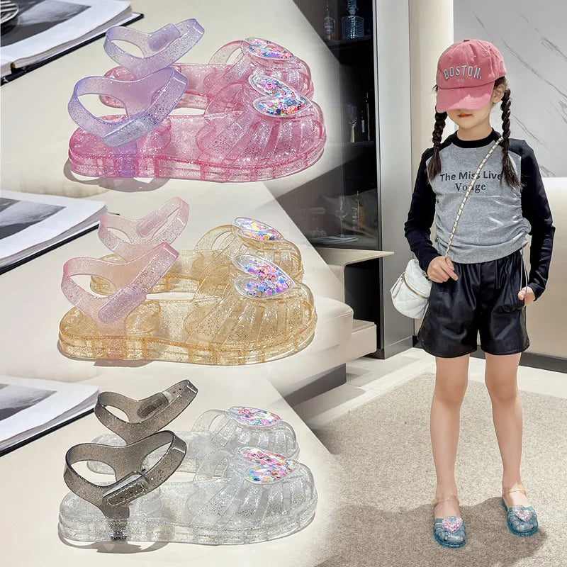 2026Kids' Sandals Ourdoor Crystal Jelly Shoes PVC Love Baby Fashion Flat For Girls Breathable Anti-slip Purple Sliver Size 24-35