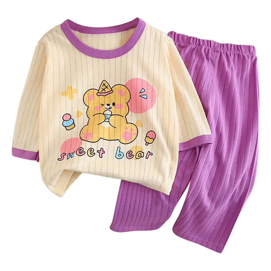 Summer Kids Cotton Pajama Sets Long Sleeve Pants Suitable Baby Gentle Nighttime Comfortable Sleepwear in Air Conditioned Rooms