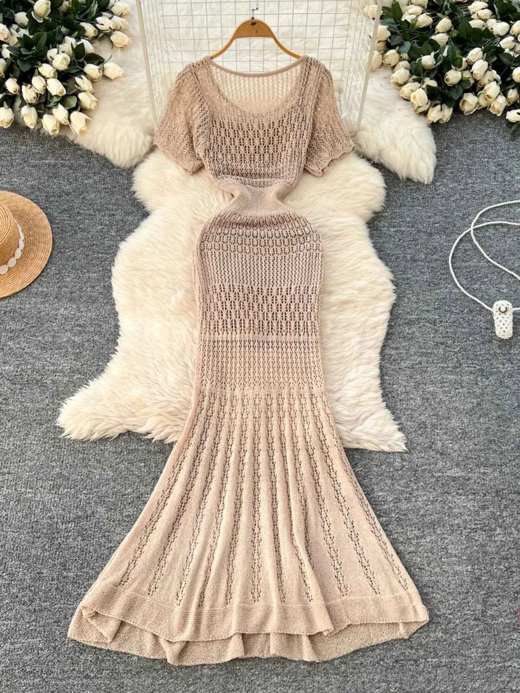 Women Hollow Knitted Dress Summer Flower Short Sleeved Fishtail Bodycon Dress with Camisole Dresses Vintage Party Long Robe