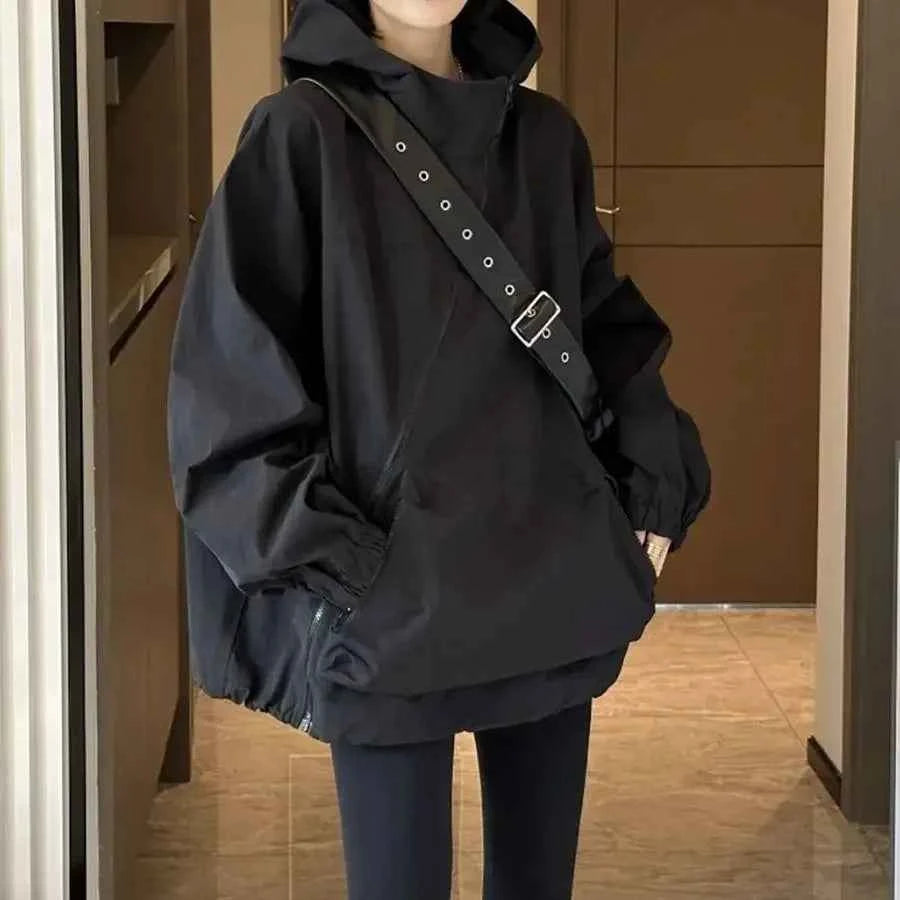 Women Hooded Jackets Diagonal Zipper Design Vintage Autumn Baggy Fashion BF Style Outdoor Chaqueta Mujer Leisure All-match Lady
