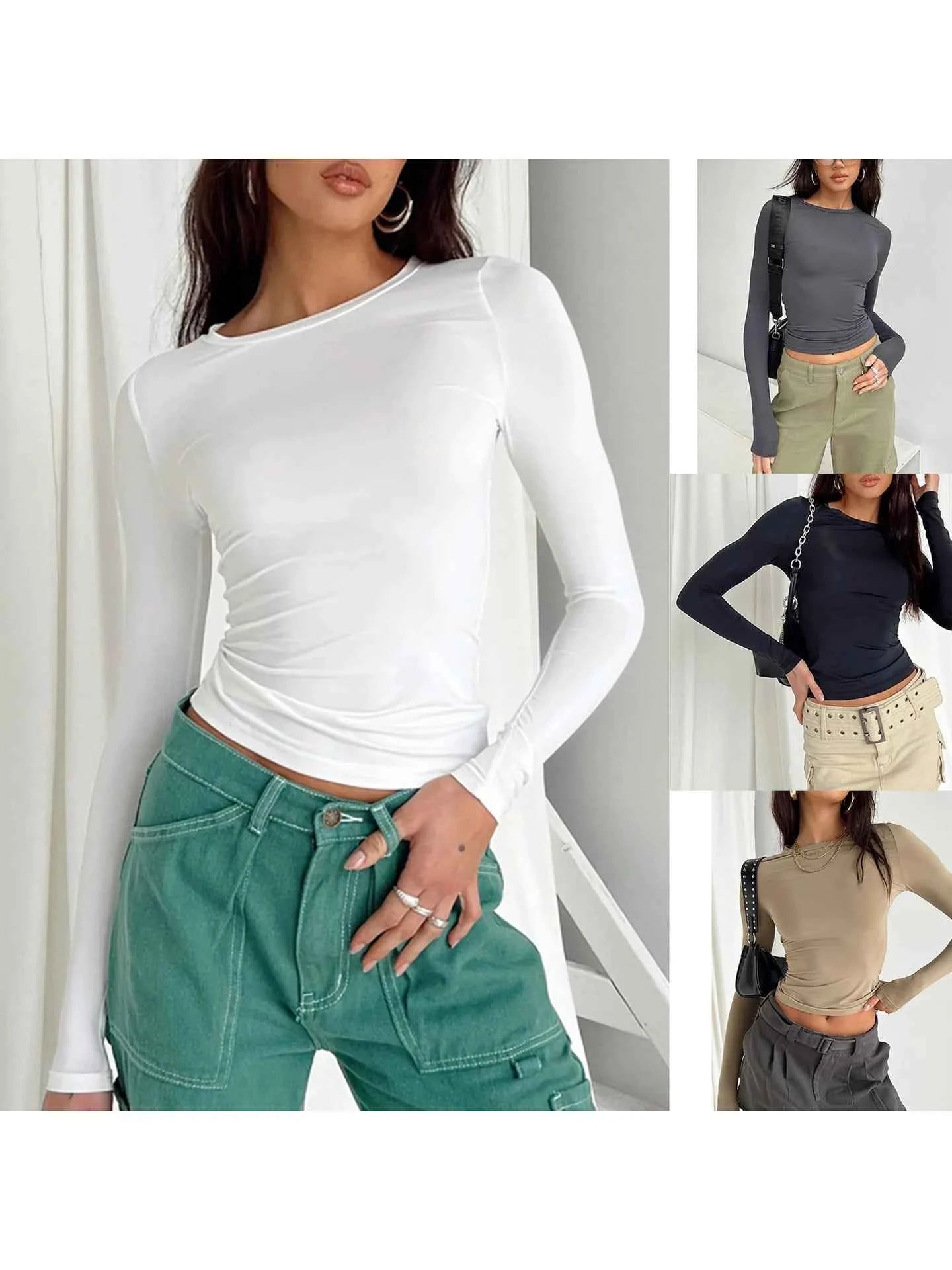 Y2k Long Sleeve T Shirt Women Spring Autumn Crop Top Casual Slim Fit Pullovers Solid O Neck T-shirts Streetwear Female Basic Tee