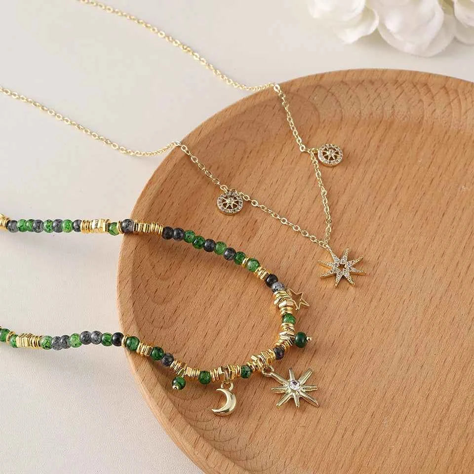 ZAKOL Vintage Bohemian Style Stone Beads Necklace for Women Charm Mang Star Pendant Stacked Clavicle Chain Fashion Jewelry Gifts
