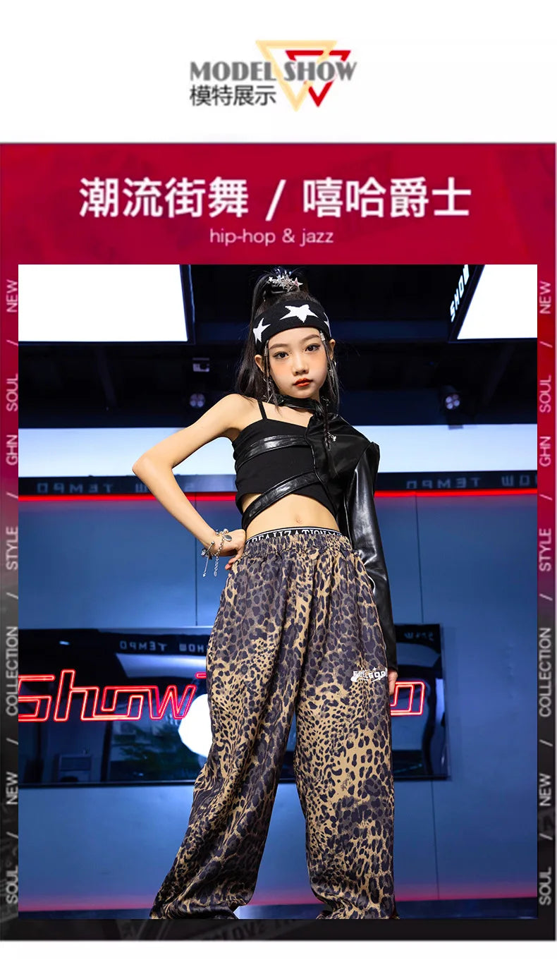 Kid Hip Hop Clothing T Shirt Crop Top Wine Red Arm Sleeve Faux Leather Casual Cargo Pants for Girl Jazz Dance Costumes Clothes