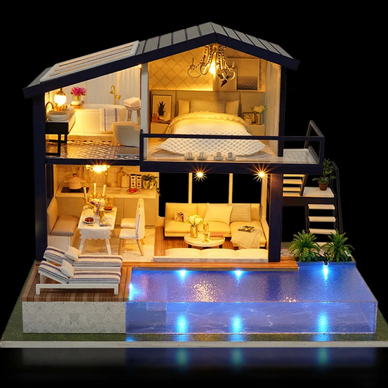 DIY Wooden Dollhouse Mini Building Kit Handmade Doll House Case Model 3D Puzzle Assembly With Furniture Toys For Christmas Gifts