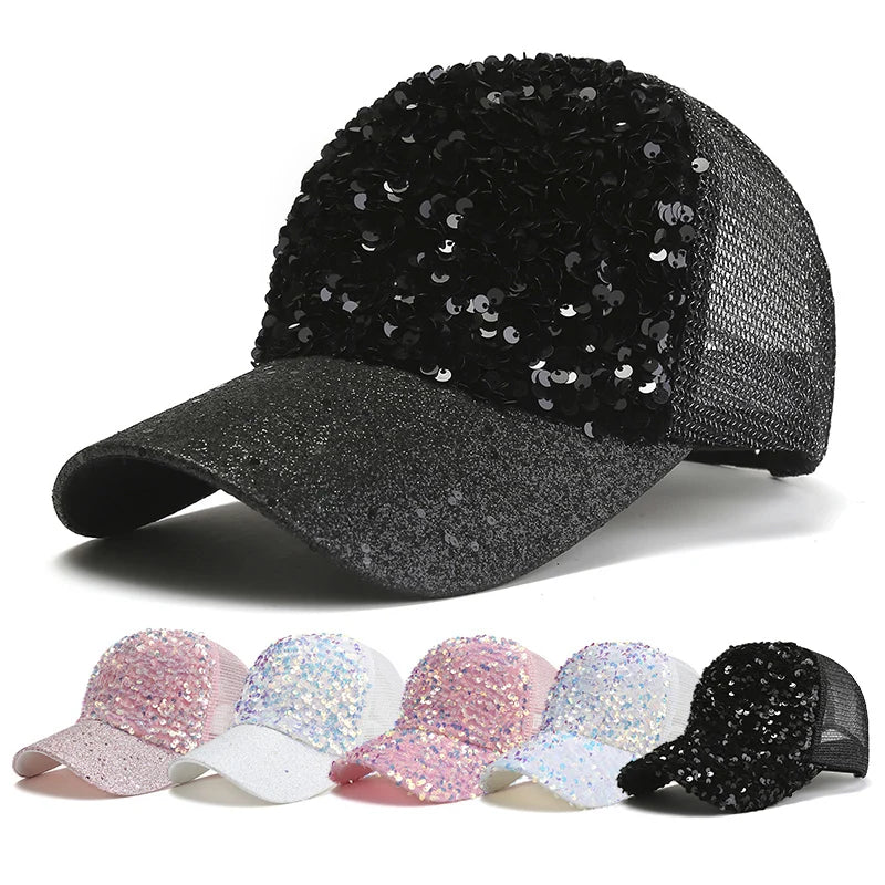 Shiny Sequins Baseball Hat For Women Summer Mesh Duck Tongue Cap Cool Breathable Outdoor Sunshade Visors Fashion Girl Peaked Cap