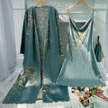 Floral Print Pajama Set Long Sleeve Robe With Belt   V Neck Slip Dress  Women's Sleepwear  Loungewear