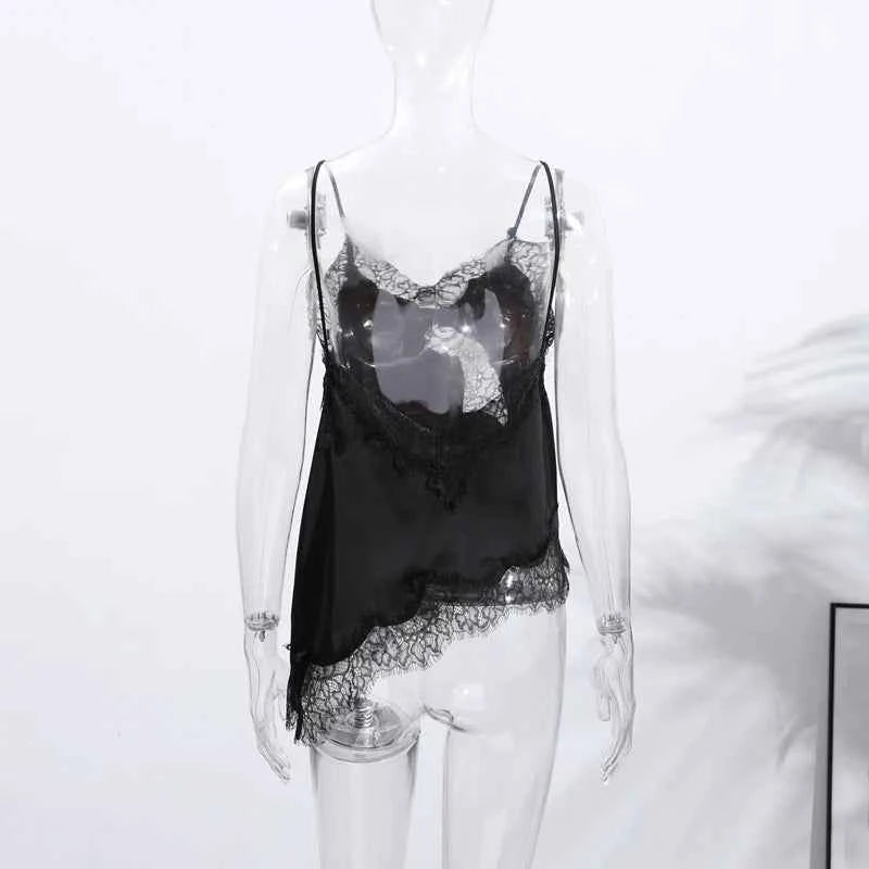 Summer Women Halter Top Satin Lace Spliced Tank Backless Deep Neck Sexy Vest Irregular Hem Vestidos 2025 Lady Vacation Sexy Tops