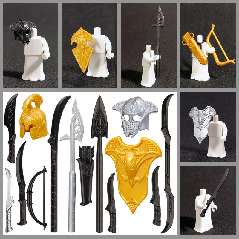 10PCS/SET Middle Ages Knights Elf  MOC  Shield Sword  Spear  For 4cm Mini Dolls  Building Blocks Brick Toys For Kid