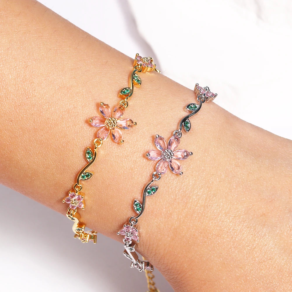 Luxury New Fashion Exquisite Green Leaf Flower Bracelet For Women Pink Cubic Zirconia Chain Shiny Rhinestone Bangle Jewelry