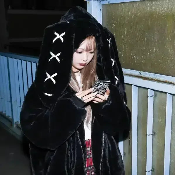 2026 New Harajuku Rabbit Ears Plush Coat Winter New Japanese Plush Coat Women Dark Punk Medium Plush Coat