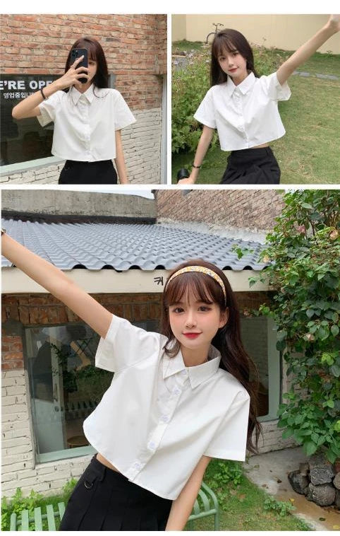 Oversize Cropped White Shirt Women Summer Short Sleeve Polo Neck Button Down Basic Short Sleeve Shirts Korean Female Blouses