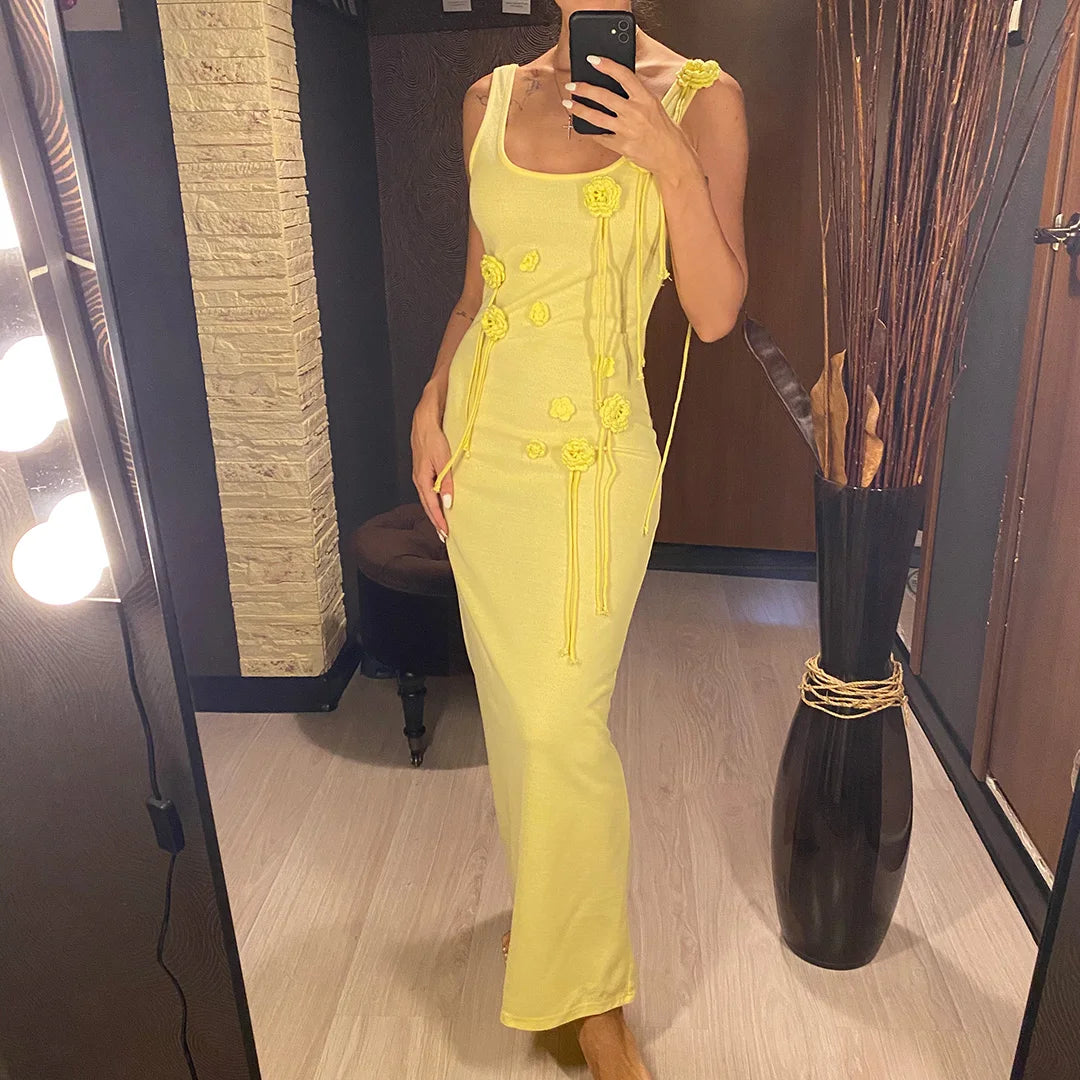 Beachwear Cover-ups Knitted Beach Dress Women Vacation Fashion 3D Flower Slim Holiday Outfits Summer Maxi Party Dresses V6181
