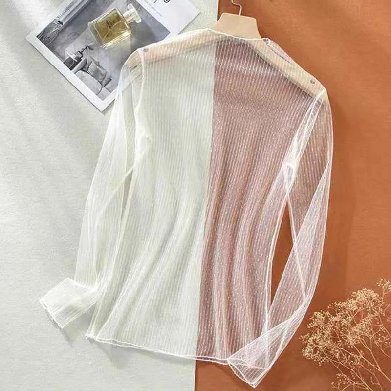 Spring Summer Women Sexy Black Mesh Tops Bottoming T Shirts Transparent Sheer Blouses Turtleneck Streetwear Tees Sunscreen Top