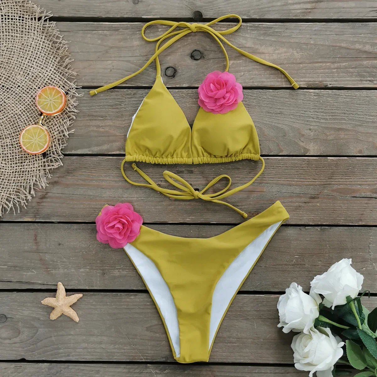 2026 New Sexy White 3D Flower Solid Two Piece Push Up Bikini Set Luxury Swimwear Women Swimsuit Beachwear Summer Bathing Suit