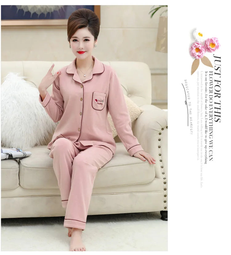 100% Pure Cotton Long Sleeve Sleepwear Set for Elderly Women Spring Summer Autumn Home Clothes Outwear Comfortable Home Suit