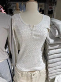 Hollow Out Pink Long Sleeve T-Shirt Summer Round Neck Buttons Cotton Slim Sexy Top for Woman Vintage Sweet Cute Y2K Tops Chic