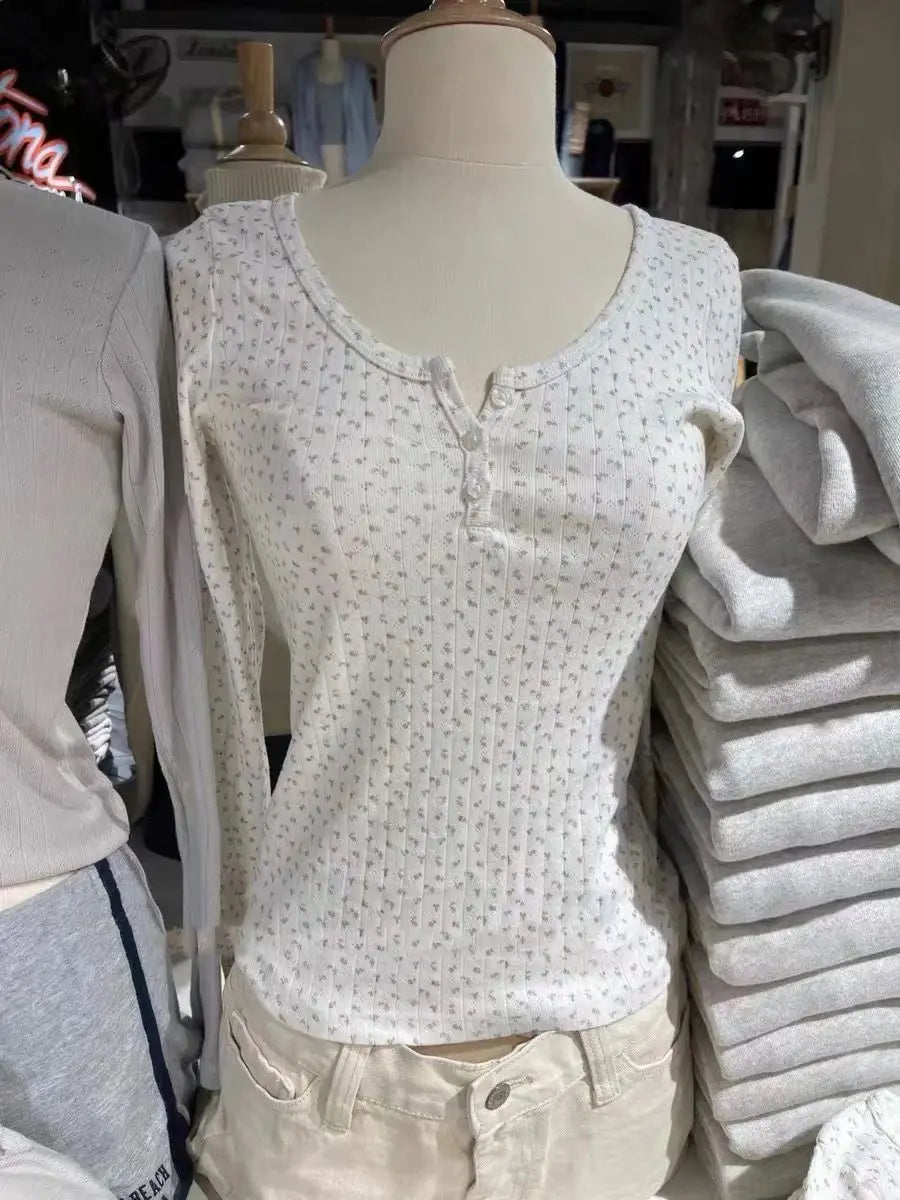 Hollow Out Pink Long Sleeve T-Shirt Summer Round Neck Buttons Cotton Slim Sexy Top for Woman Vintage Sweet Cute Y2K Tops Chic