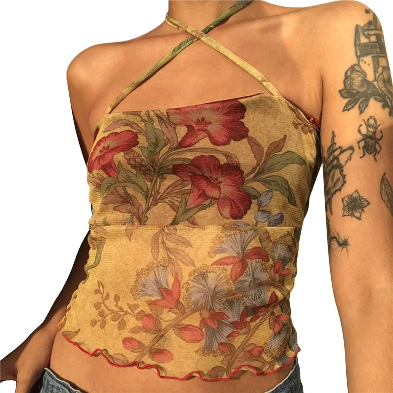 Y2K Mesh Sheer Floral T-shirt Vintage halter Tops Women Sleeveless Slim Fit Crop Top Harajuku Streetwear