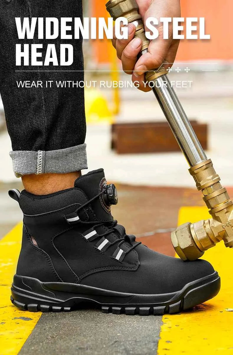 Leather Non Slip Work Boots for Men Rotating Button Safety Shoes Steel Toe Sneaker Male Puncture Proof Protective Boots