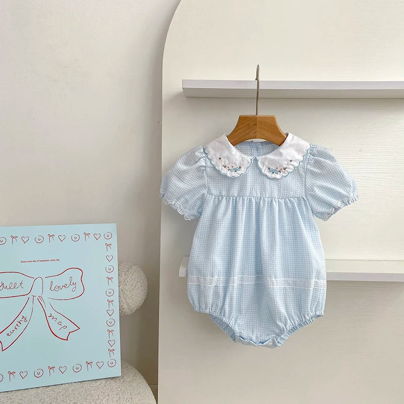 2026 Summer Baby Girl Embroidered Collar Bodysuits 0-24M Baby Girl Romper Newborn Short Sleeved Baby Girl Yellow Jumpsuit