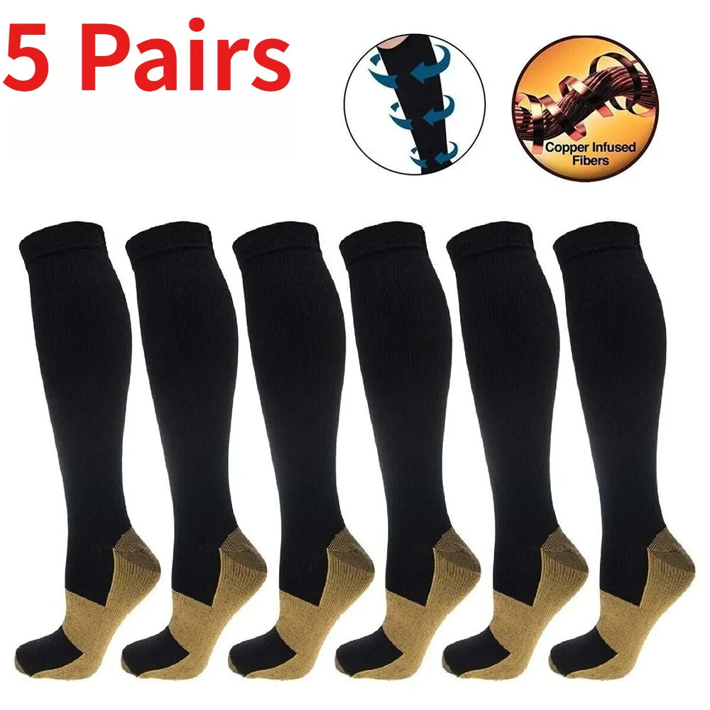 1/5 Pairs Copper Compression Socks High Unisex Graduated Pressure Stockings Anti Fatigue Pain Relief Sports Travel Socks