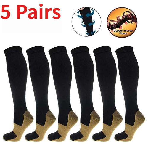 1/5 Pairs Copper Compression Socks High Unisex Graduated Pressure Stockings Anti Fatigue Pain Relief Sports Travel Socks